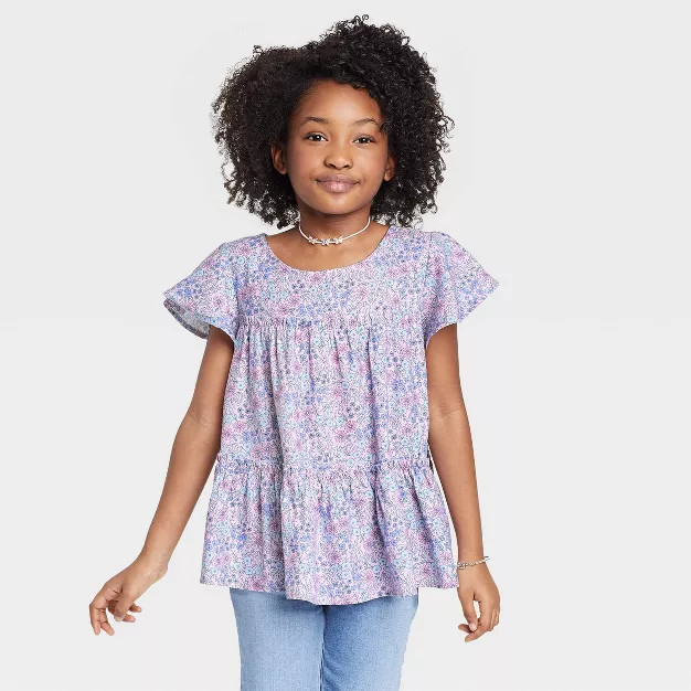 Girls' Printed Tiered Short Sleeve Woven Top - Cat & Jack™ | Target