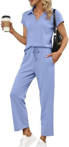Glamaker Womens 2 Piece Summer Outfit Lounge Set Cap Sleeve Polo Top And Pant Set Tracksuit Trave... | Amazon (US)
