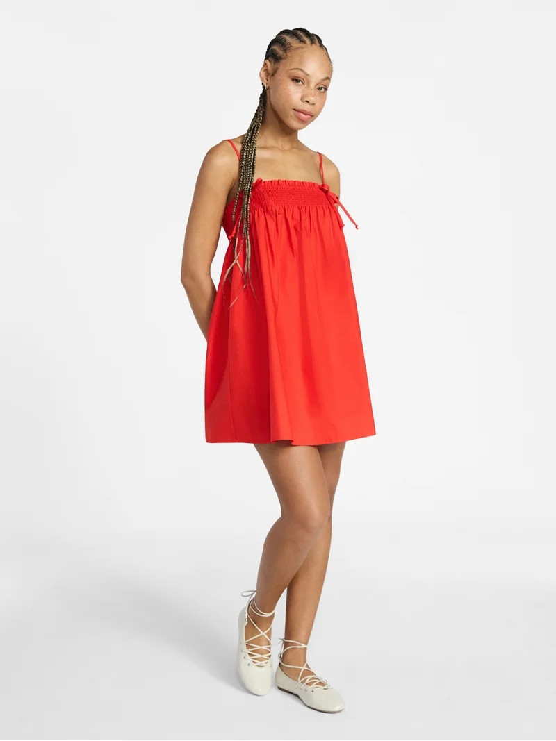 No Boundaries Cotton Poplin Smocked Mini Dress with Tie Straps, Women's XXS-XXL | Walmart (US)