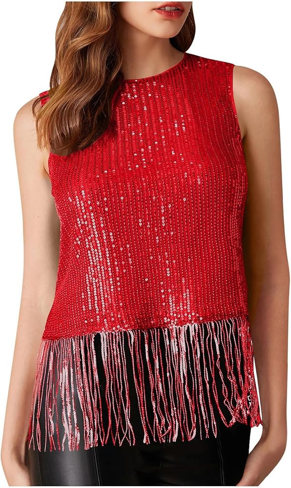 Womens Sequin Fringe Tops - Sleeveless Tassel Sequins Tank Top Glitter Shirts Sparkly Party Blous... | Amazon (US)