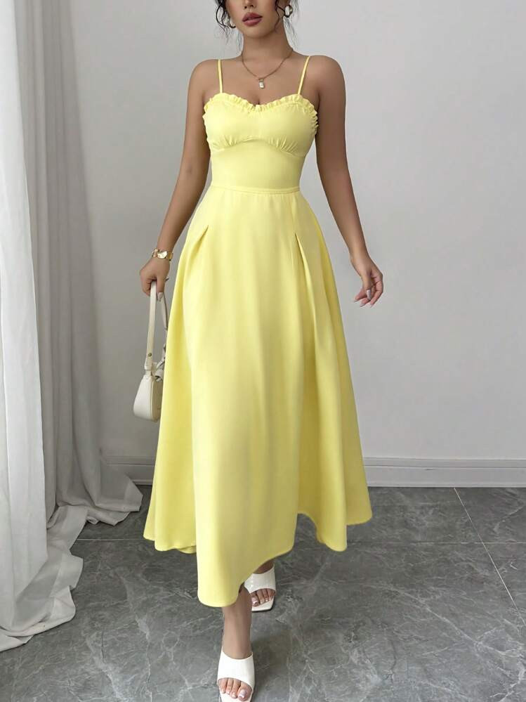 SHEIN Raffinéa Vestido entallado elegante de línea A amarillo con detalles de encaje floral, pa... | SHEIN