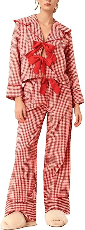 Women 2 Piece Buffalo Plaid Pajamas Lounge Set Y2k Long Sleeve Bow Tie Up Shirts Wide Leg Pants S... | Amazon (US)