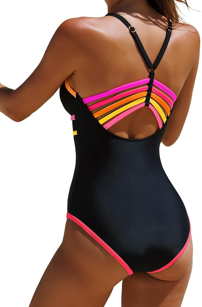 popvil Women One Piece Swimsuit 2026 Sexy Neon Color Block Bathing Suit for Women Back Strappy Lo... | Amazon (US)