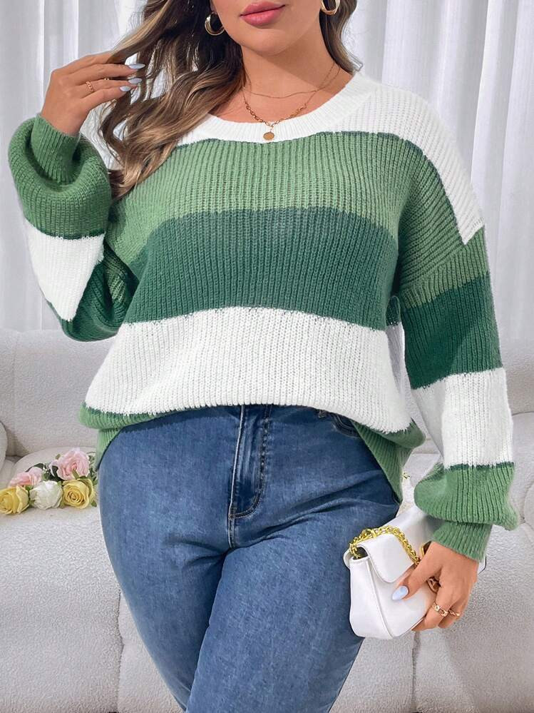 Calvaya Plus Size Women's Casual Round Neck Drop Shoulder Long Sleeve Loose Striped Sweater, For ... | SHEIN
