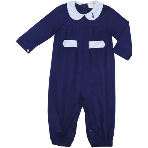 Navy And Blue Stripe Knit Long Romper | Cecil and Lou