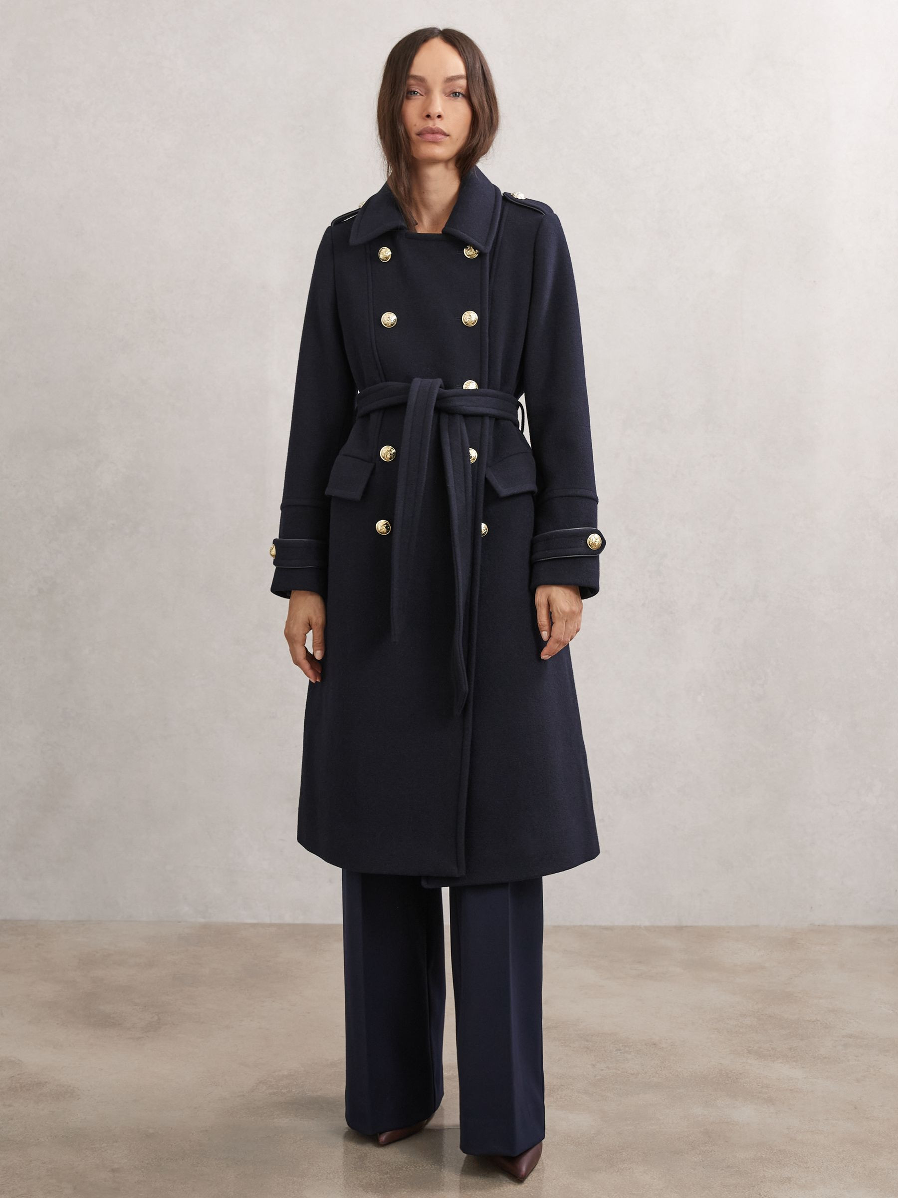Wool-Blend Double-Breasted Coat in Navy | Reiss UK