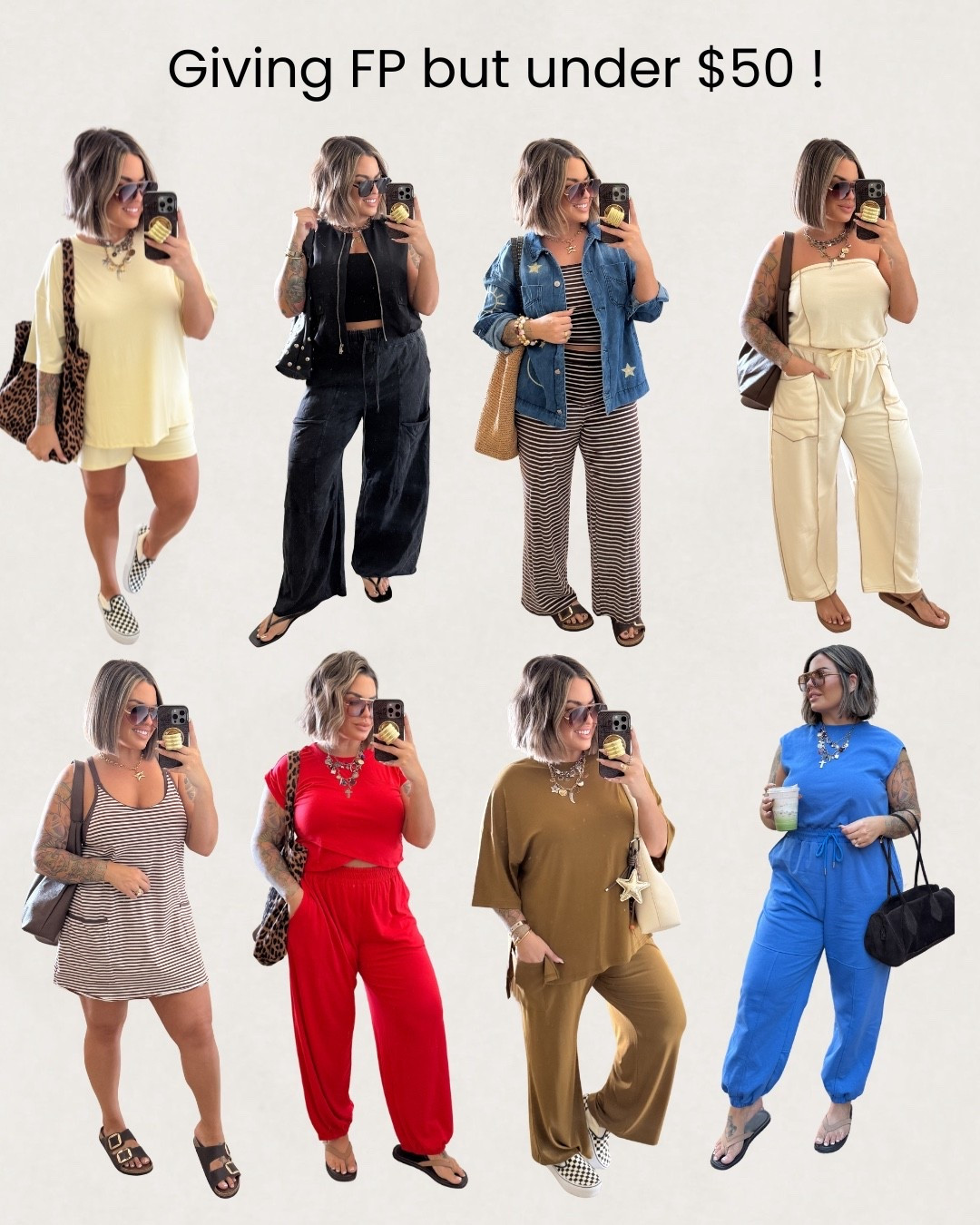 Free people look 4 less under $50 ! 

Yellow set xl 
Black pants xl 
Black vest size way down I’m wearing a small. 
Stripe set L , Jacket xl 
Cream Jumpsuit xl 
Dress L 
Red set xl 
Olive set xl 
Blue jumpsuit xl 
Crocs sandals are incredible be so comfy!