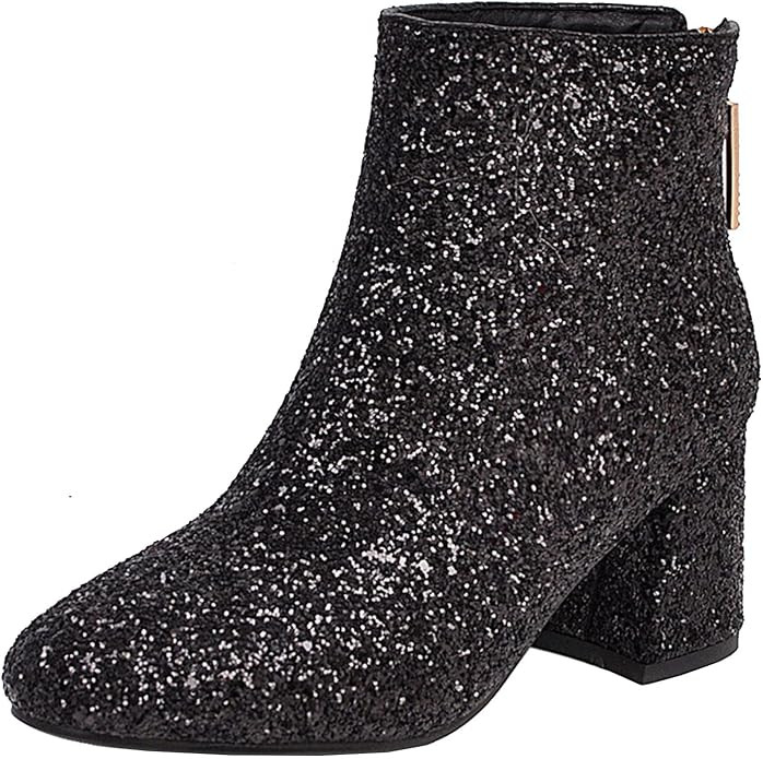 Elbslutt Women's Glitter Sparkly Booties Chunky Heels Ankle Boots Back Zipper Block Heeled Short ... | Amazon (US)