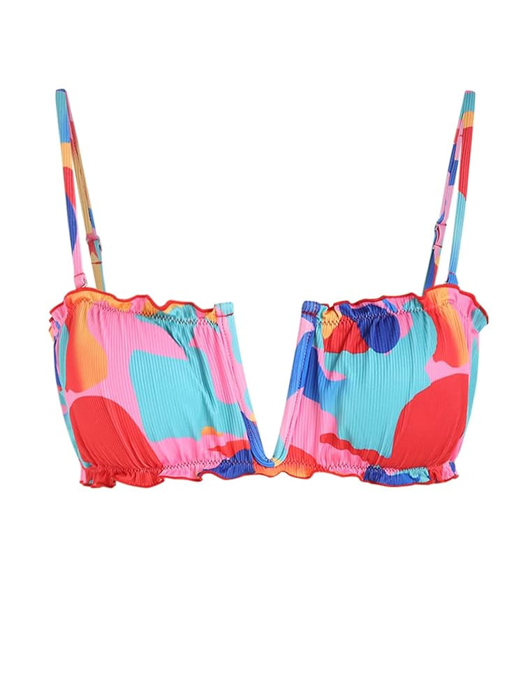 ZAFUL Women's Strapless Bandeau Bikini Top Ribbed V Wired Lace Up Ruffle Tie Swimsuits Bathing Su... | Amazon (US)