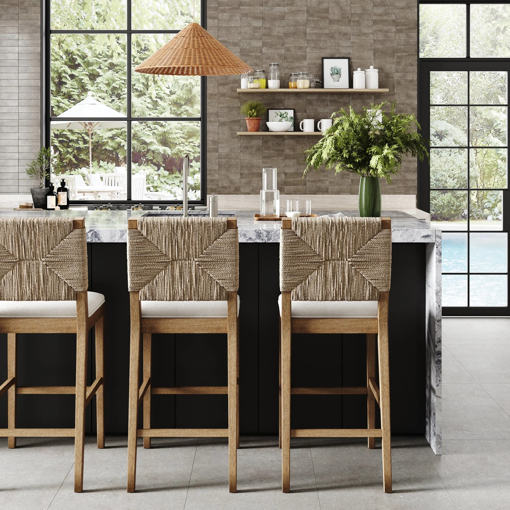 Boucle & Seagrass Bar Stool Light Brown (Set of 3) | Nathan James