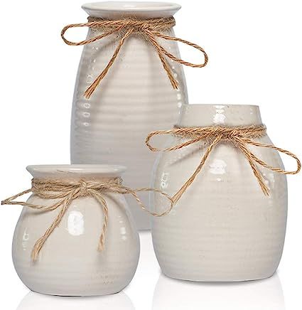 White Vases for Decor - Rustic Home Decor, Modern Farmhouse Decorations - Ceramic Vase for Firepl... | Amazon (US)