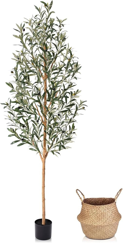 Faux Olive Tree 6FT – Tall Artificial Plants Indoor with Real Wood Trunk & Seagrass Basket, Lif... | Amazon (US)