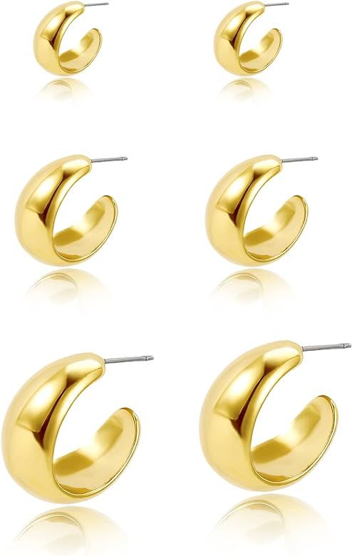 Gold Hoop Bottega Earring Dupes - Hypoallergenic Waterproof 14k Real Gold Plated Chunky 3 Pairs Teardrop Half Open Triple Huggie Earrings Set For Women Trendy Jewelry | Amazon (US)
