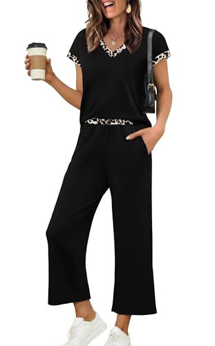 Sampeel Two Piece Sets for Women Summer Fashion Clothing Vacation Cruise Outfits Summer Clothes Lounge Set Wide Leg Pants Woman Color Block Black Leopard 2XL | Amazon (US)