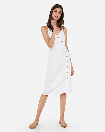 asymmetrical button front midi dress | Express