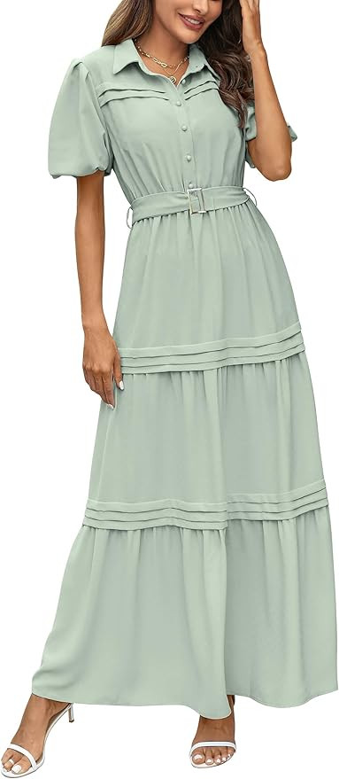 PRETTYGARDEN Women's Summer Maxi Dress Puff Short Sleeve Lapel V Neck Tiered A Line Flowy Elegant... | Amazon (US)