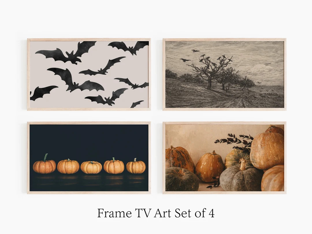 Samsung Frame TV Art Set of 4 Halloween Still Life Black Bats Autumn Pumpkins Instant Download Fa... | Etsy (US)