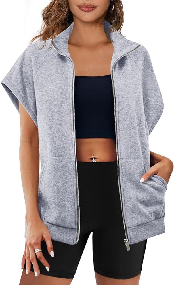 Fisoew Womens Zip Up Sweatshirts Sleeveless Oversized Casual Solid Color Sweatshirt with pockets | Amazon (US)