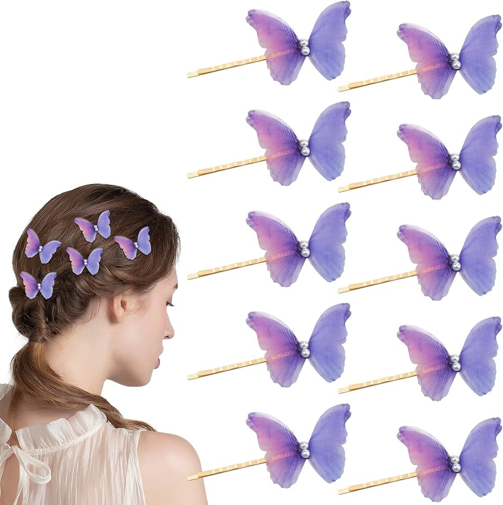 10 Pcs Purple Butterfly Hair Clips Pearl Fabric Fashionable Bobby Pins Non-Slip Barrette Kawaii H... | Amazon (US)