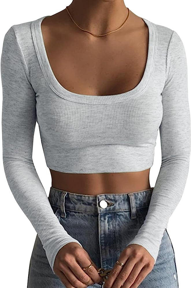MISSACTIVER Women Basic Scoop Neck Long Sleeve Crop Tee Top Casual Ribbed Knit Skinny Solid Cropp... | Amazon (US)