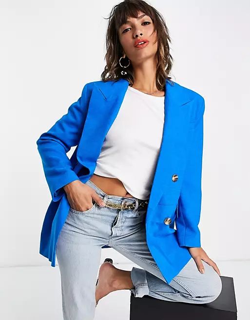 Topshop - Blazer à double boutonnage et épaules oversize - Bleu vif | ASOS (Global)