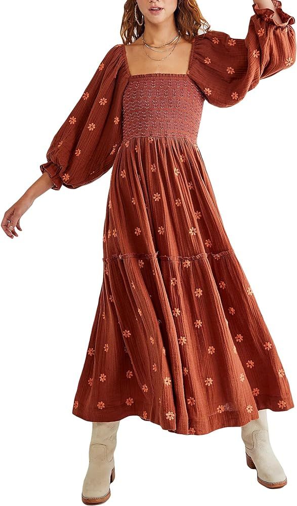 Acrawnni Women's Flower Embroidered Maxi Dress Long Puff Sleeve Square Neck Smocked Tiered Bohemi... | Amazon (UK)