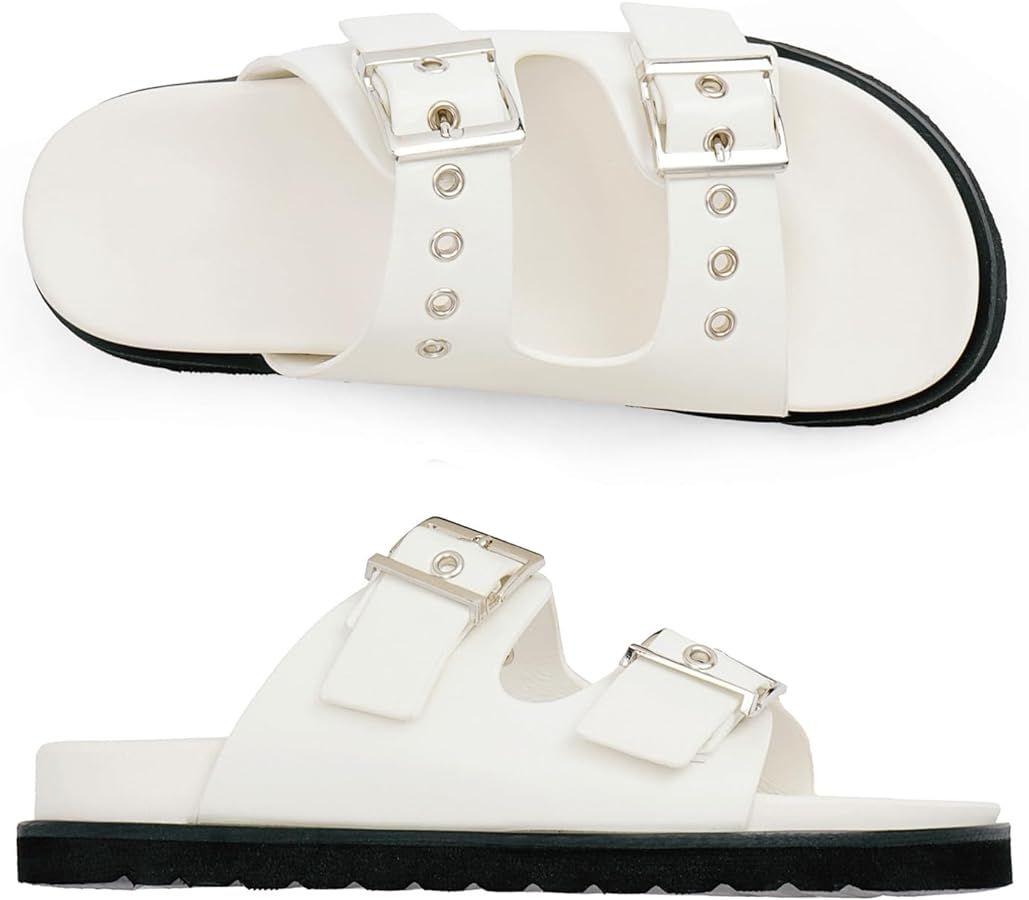 Easyfox Womens Flat Slide Sandals Double Buckle Adjustable Flat Sandals Slip On Platform Sandals ... | Amazon (US)