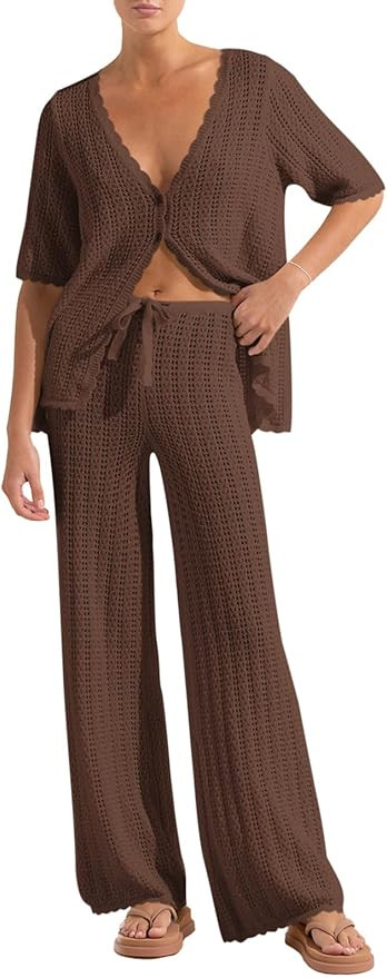 Imily Bela Women's Summer 2 Piece Swimsuit Cover up Crochet Knit Cardigan Tops Long Pants Set Bat... | Amazon (US)