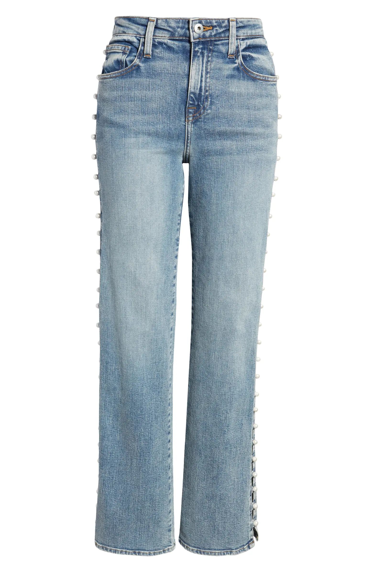 Jonathan Simkhai Amelia Imitation Pearl Embellished Straight Leg Jeans | Nordstrom | Nordstrom