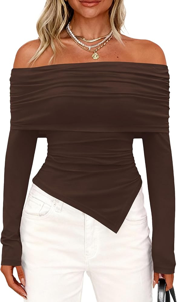 PRETTYGARDEN Women's Off The Shoulder Tops Spring Fashion 2026 Long Sleeve Shirts Going Out Slim ... | Amazon (US)
