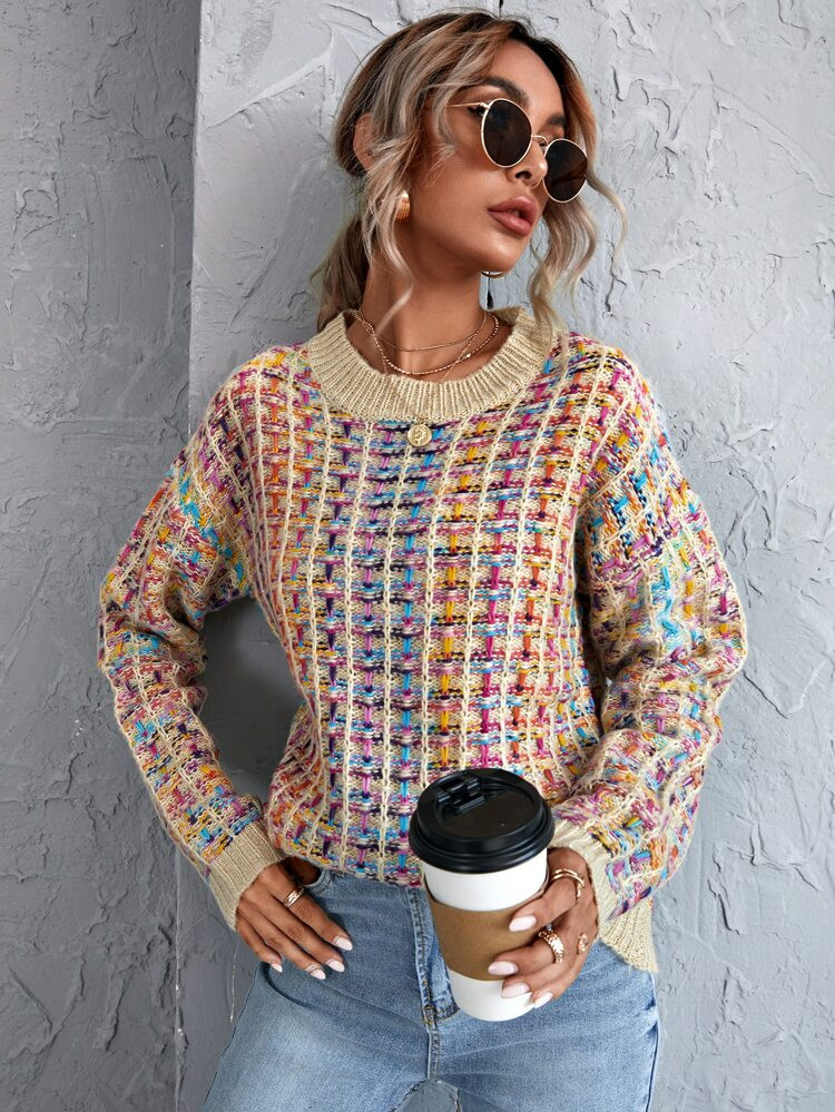 Multicolored Plaid Drop Shoulder Sweater | SHEIN