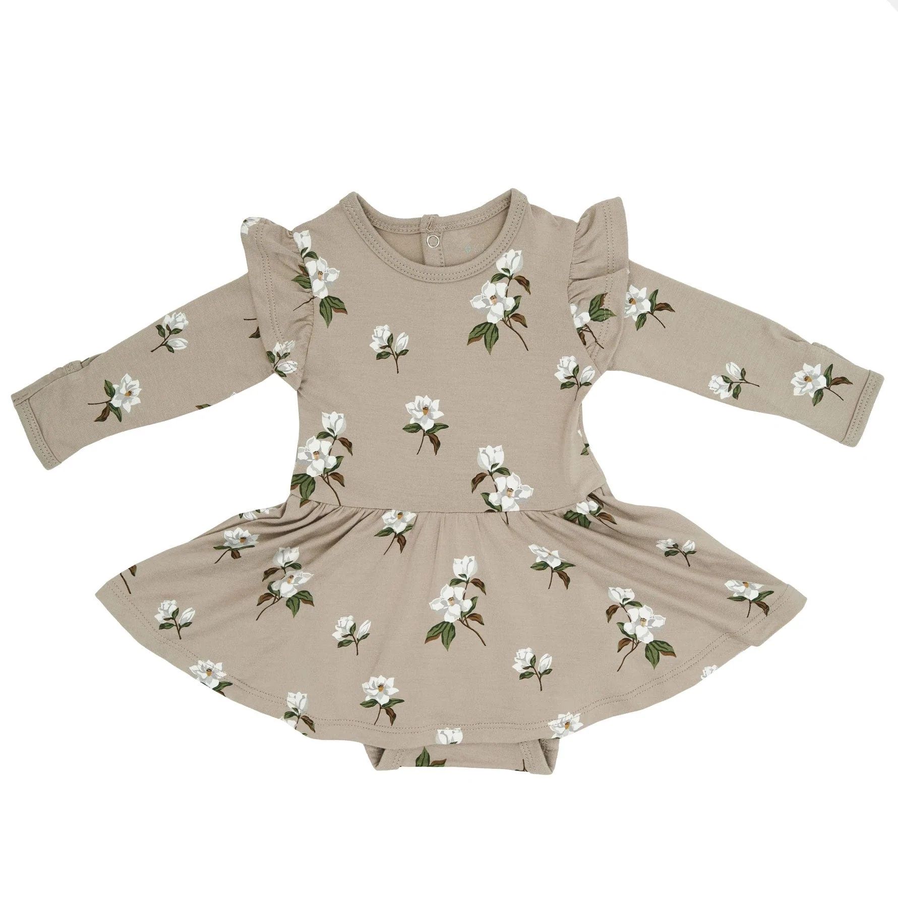 Long Sleeve Twirl Bodysuit Dress in Small Khaki Magnolia | Kyte BABY