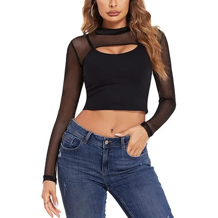 Avidlove Mesh Crop Tops for Women Mock Neck Long Sleeve Crop Top See Through Shirt Top Sexy Clubwear(Black Large) | Walmart (US)