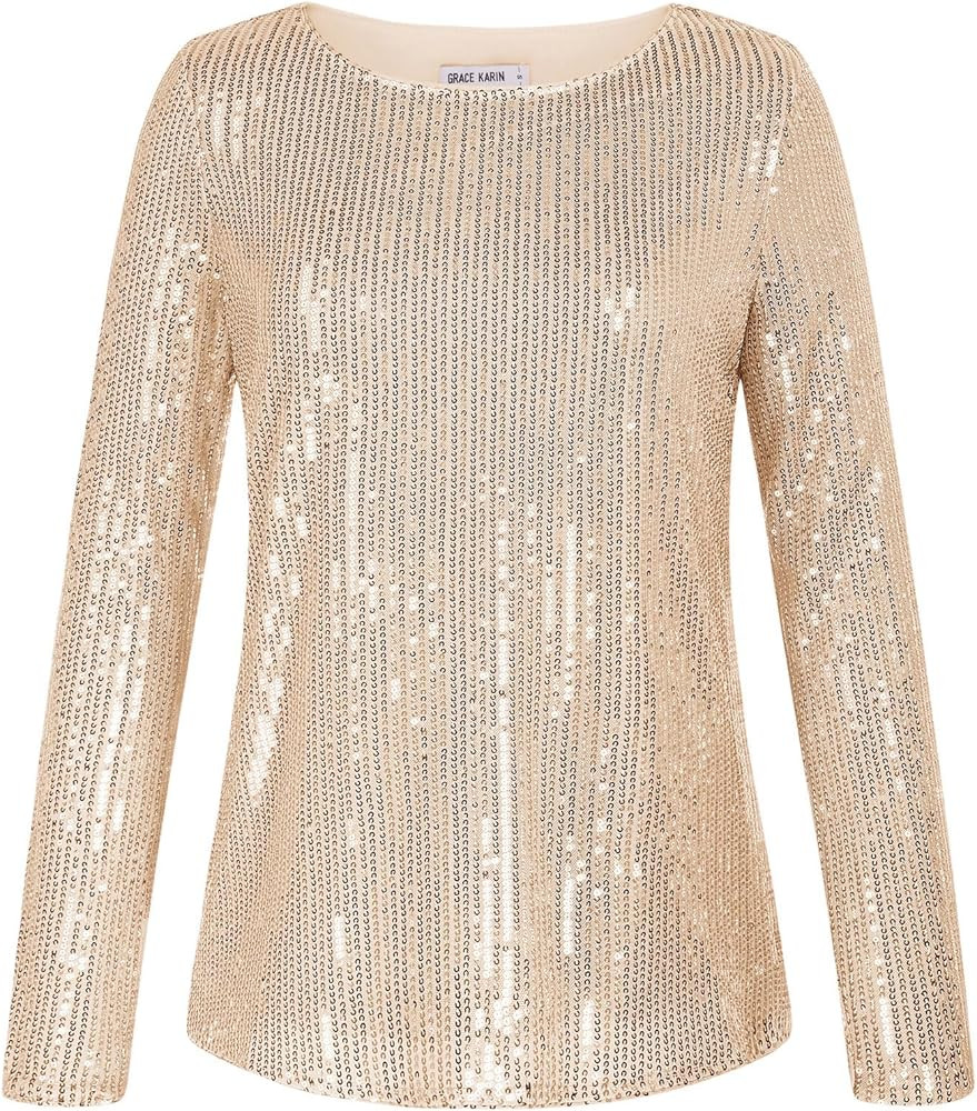 GRACE KARIN Sequin Tops for Women Sparkly Top Glitter Evening Party Shiny Split Mesh Back Long Sl... | Amazon (US)