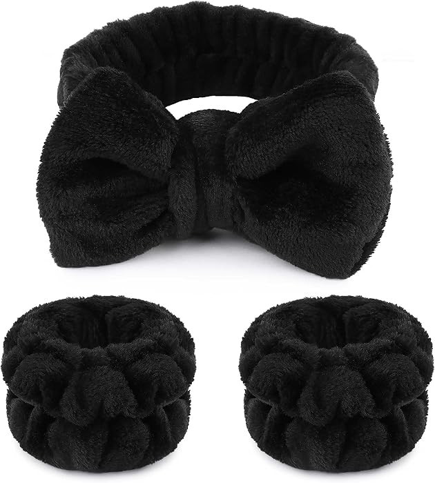 WSYUB Makeup Headbands, 1pcs Black Spa Headband Fluffy Bow Tie Headband Microfiber Face, and 2Pcs... | Amazon (US)