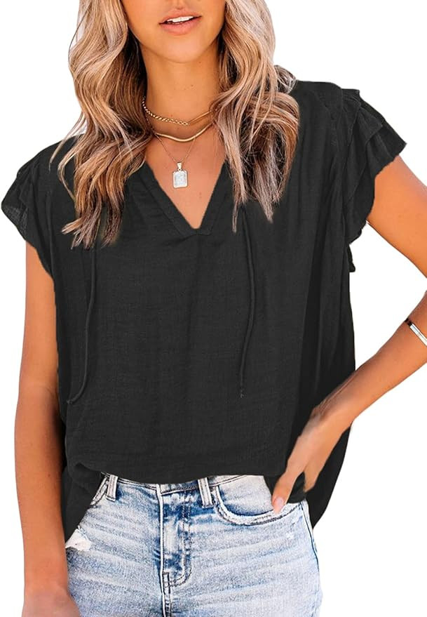 Dokotoo Women's Casual V Neck Tops Drawstring Short Sleeve T Shirt Blouses | Amazon (US)