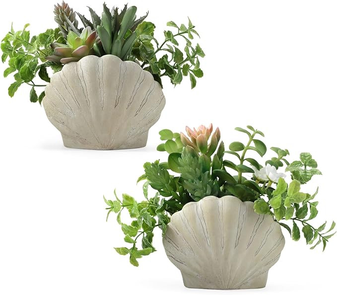 Lewondr Fake Plants Set of 2, Assorted Faux Succulents Artificial Plants with Sea Shell Pots, Art... | Amazon (US)