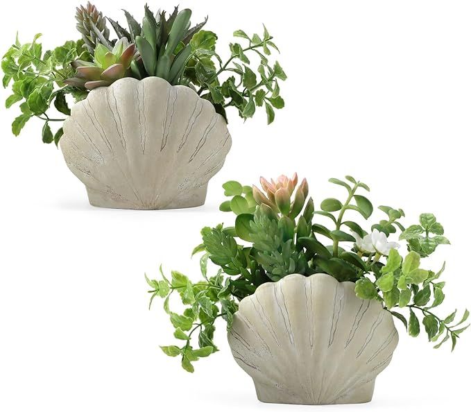 Lewondr Fake Plants Set of 2, Assorted Faux Succulents Artificial Plants with Sea Shell Pots, Art... | Amazon (US)