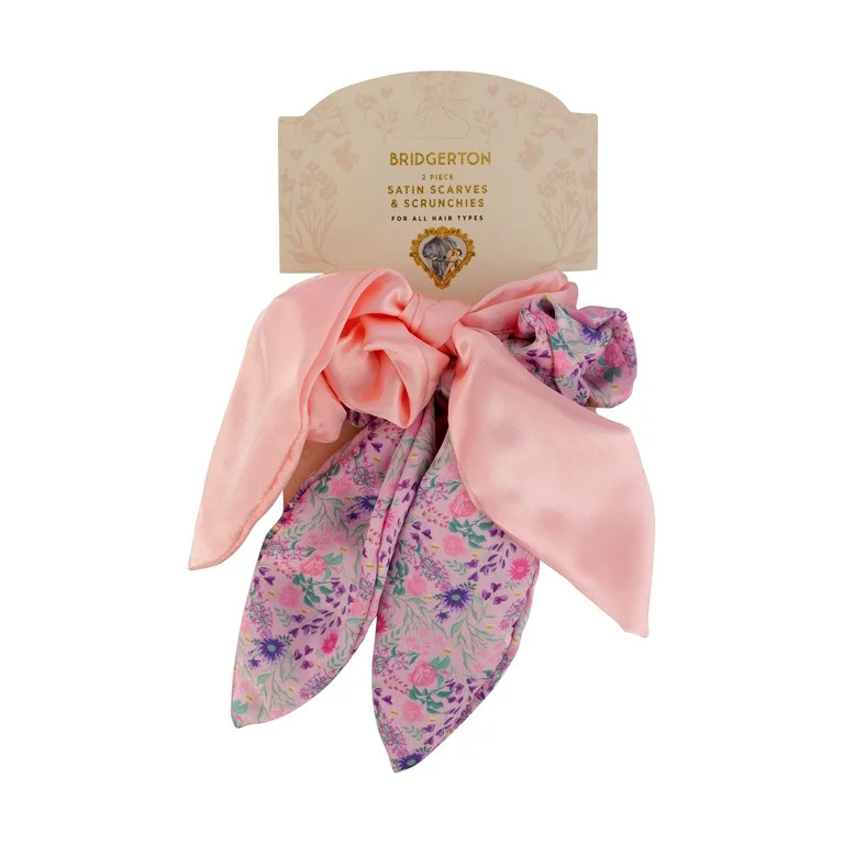 Bridgerton Satin Bow Scrunchie, 2 Pack, Pink and Floral | Walmart (US)