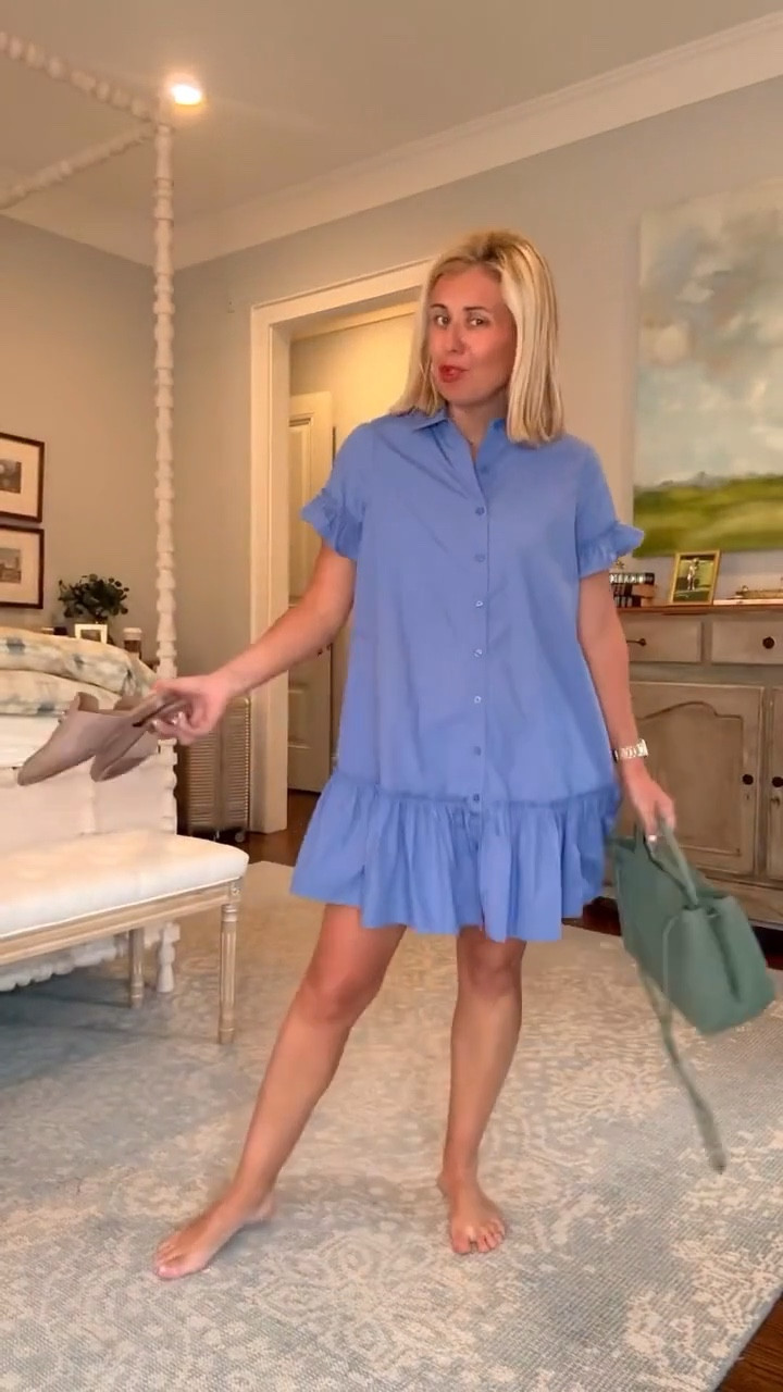 Fabulous ruffle shirt dress that we are wearing anywhere and everywhere!! I’m in xs dress, size 8 slides (tts) and large size bag. 

#LTKOver40 #LTKmomlife #LTKdayinmylife