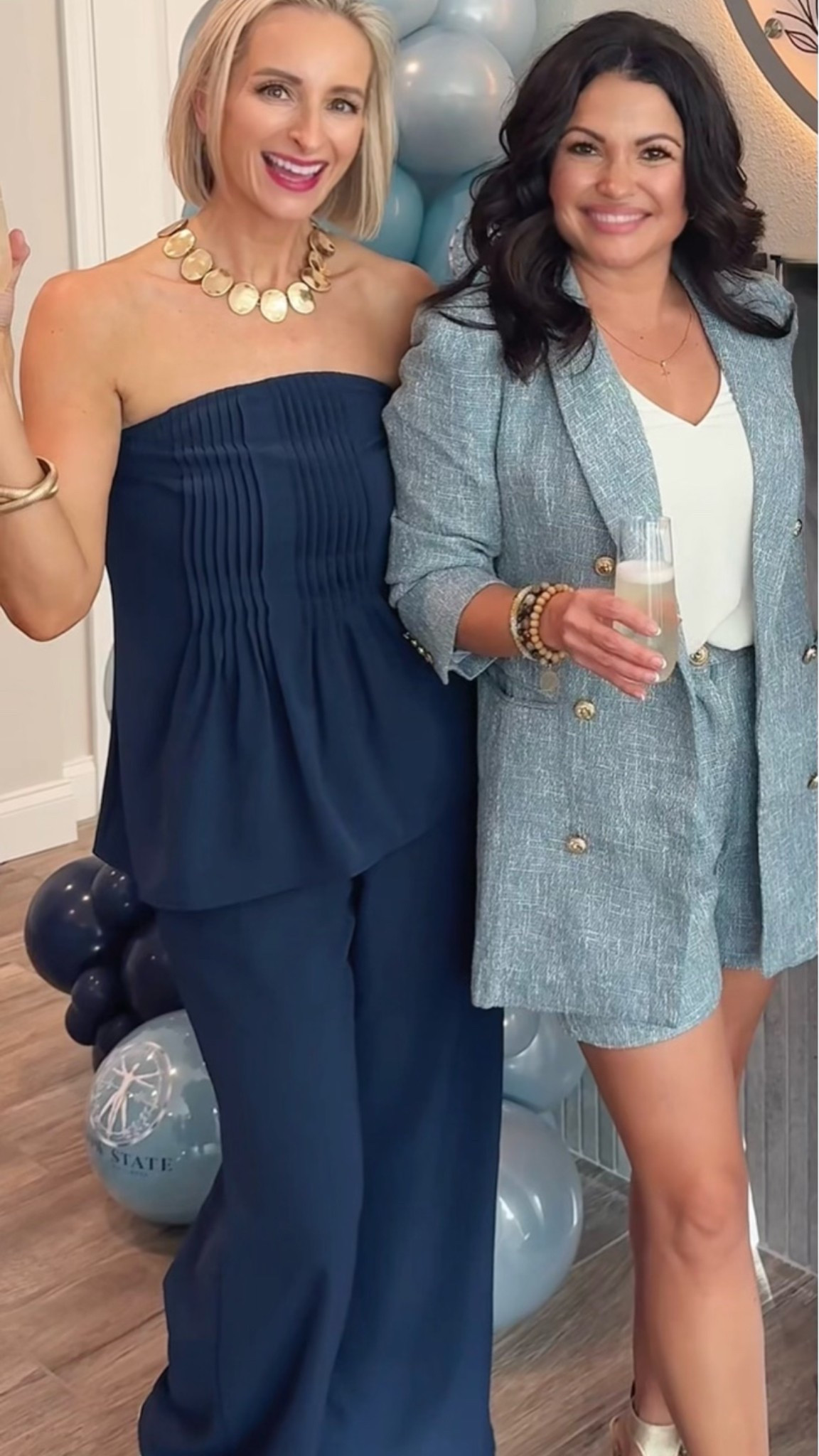 Two looks for a special night!💙✨ A navy blue strapless wide leg pants set styled with gold statement jewelry and a light blue tweed blazer and shorts set paired with a white top and metallic heels. Both are perfect for a special event, girls’ night out, or cocktail party! 🥂

#LTKootd #LTKWorkwear