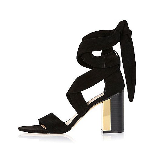 Black suede wrap mid heel sandals | River Island (US)