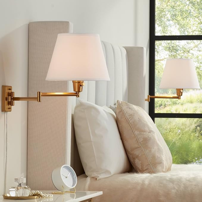 360 Lighting Clement Modern Swing Arm Wall Lamps Set of 2 Warm Gold Plug-in Light Fixture White L... | Amazon (US)