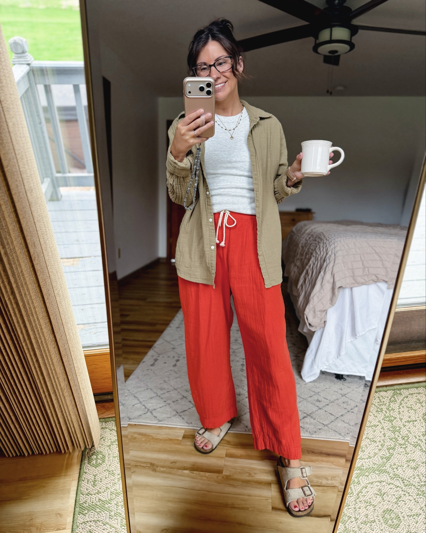 wearing size small in my tank, xs in my gauze button up (my color is sold out, others are available, also linked sone similarly colored one) and xs petite in my pants. My Birkenstock sandals are size 36. 

#LTKSeasonal #LTKootd #LTKHome