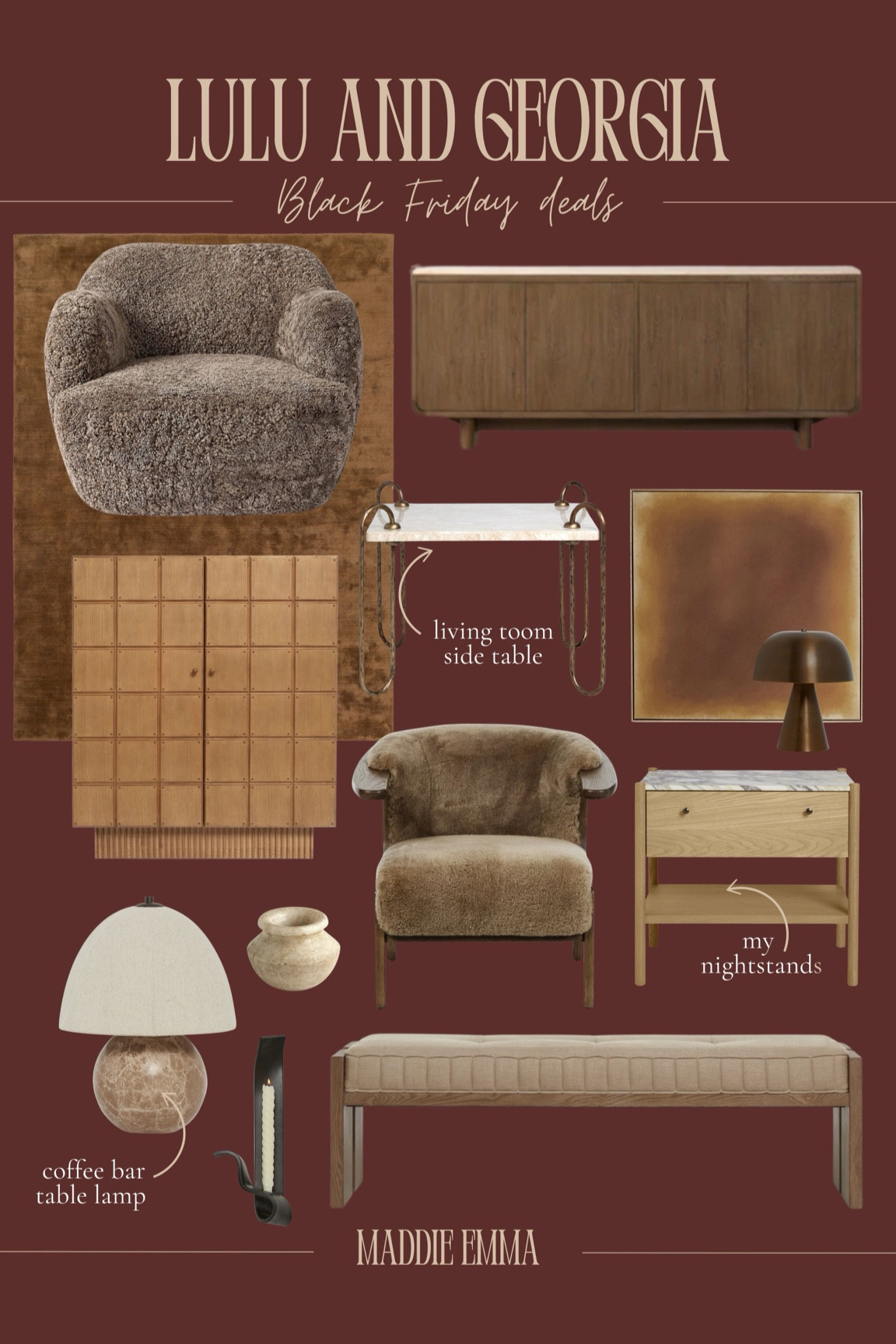 Lulu and Georgia Black Friday deals 30% off! Some of my favorites that I’m eyeing as well as products I own! 

accent chair, wool rug, travertine, wood sideboard, dresser, marble nightstand, marble table lamp, cordless lamp, side table, bench 

#LTKSaleAlert #LTKHome #LTKCyberWeek