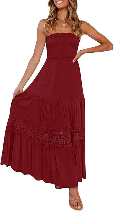 ZESICA Women's 2024 Summer Bohemian Strapless Off Shoulder Lace Trim Backless Flowy A Line Beach ... | Amazon (US)