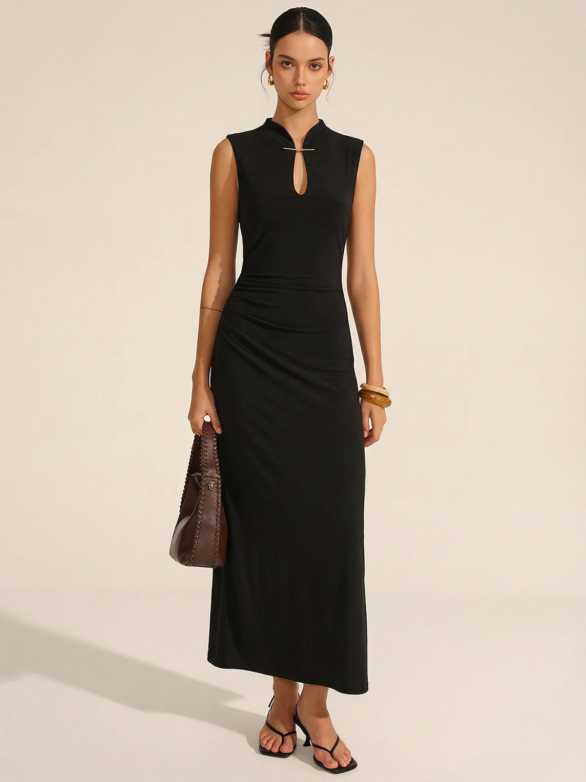 Sleeveless Ruched Keyhole Neck Maxi Dress | Commense