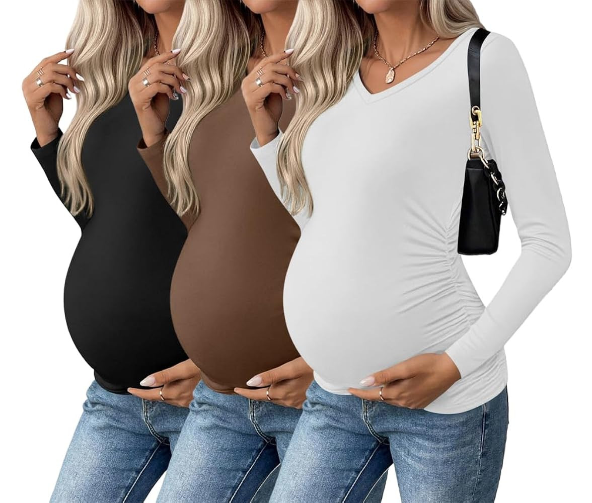 Ekouaer Womens Maternity Shirts Long Sleeve 3 Packs Pregnancy V-Neck Clothes Side Ruched Blouse T... | Amazon (US)