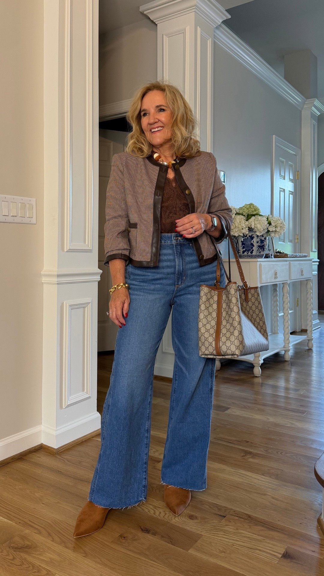 This little houndstooth jacket has so much personality without being too much. I’m wearing a medium petite in the jacket, a medium in the lace-trimmed blouse, and a 29 petite in the wide-leg jeans.

#LTKootd #LTKWorkwear #LTKTravel