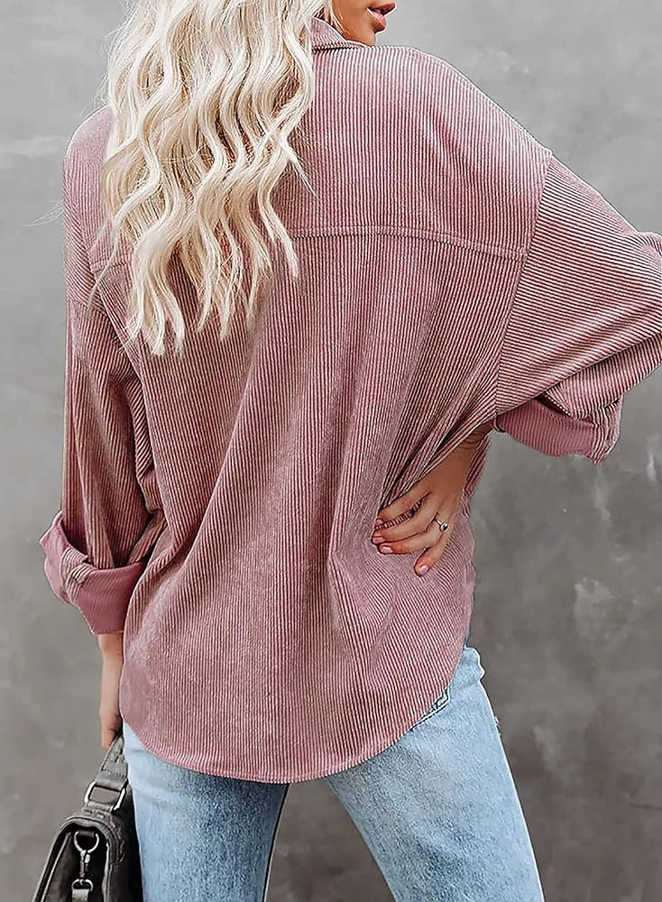 Womens Corduroy Button Down Shacket Casual Long Sleeve Shirt Jacket Oversized Blouses Tops | Amazon (US)